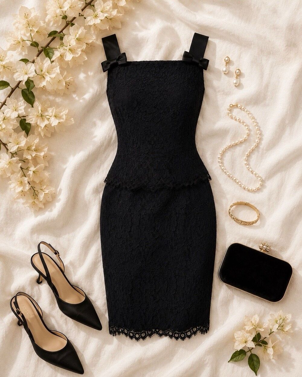 Vintage Talbots Petites Black Lace Bow Cocktail Dress M
